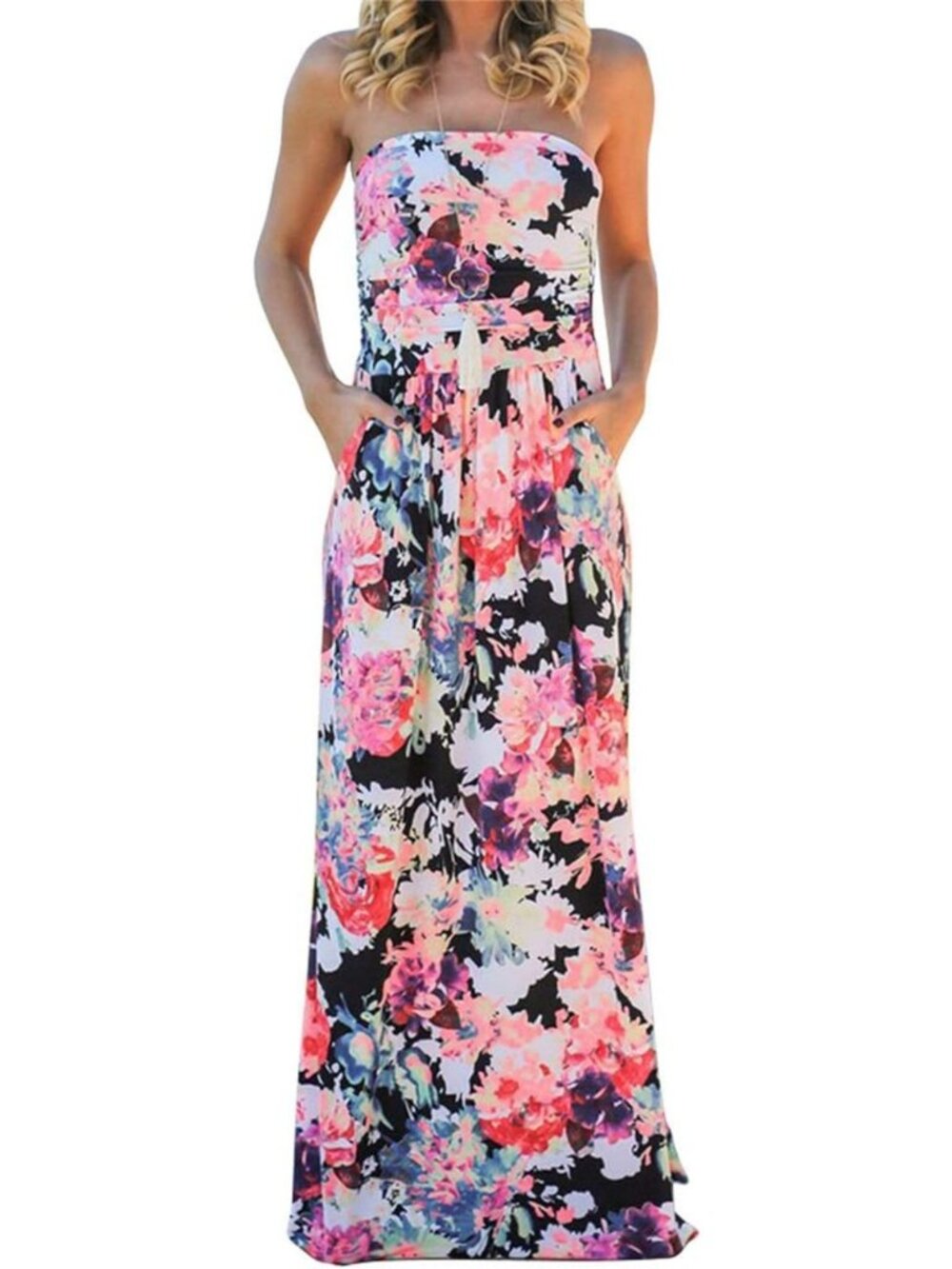 Floral Boho Maxi Dress - Women's Strapless Tube Top with Pockets, Beach Ready!